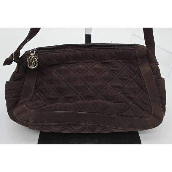 Vera Bradley Quilted Brown Shoulder Bag With Zipper & Monogram Charm - Picture 1 of 10